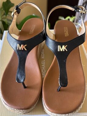 Michael Kors Black and Brown MK Logo Thong Wedge Sandals